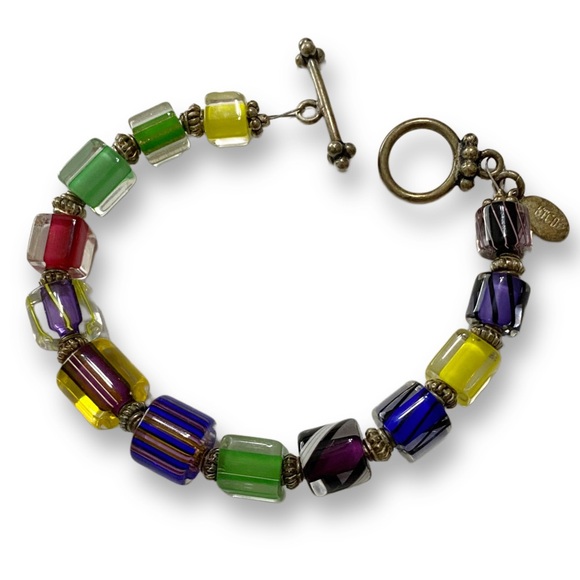 Handmade Rainbow Mardi Gras Czech Glass and Sterling Silver Artisan Bracelet - Picture 3 of 3
